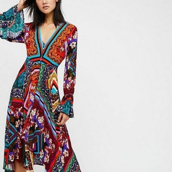 Free People Over the Rainbow Asymmetrical Maxi Dress Long Sleeve Boho NWT - Picture 1 of 8